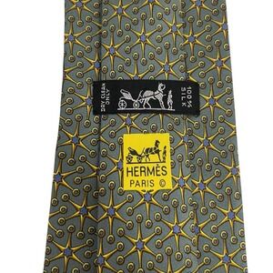 Hermes Men's Tie Stars & Dots Olive/Gold/Blue Silk 7864 UA 3 5/8" (W) x 59" (L)